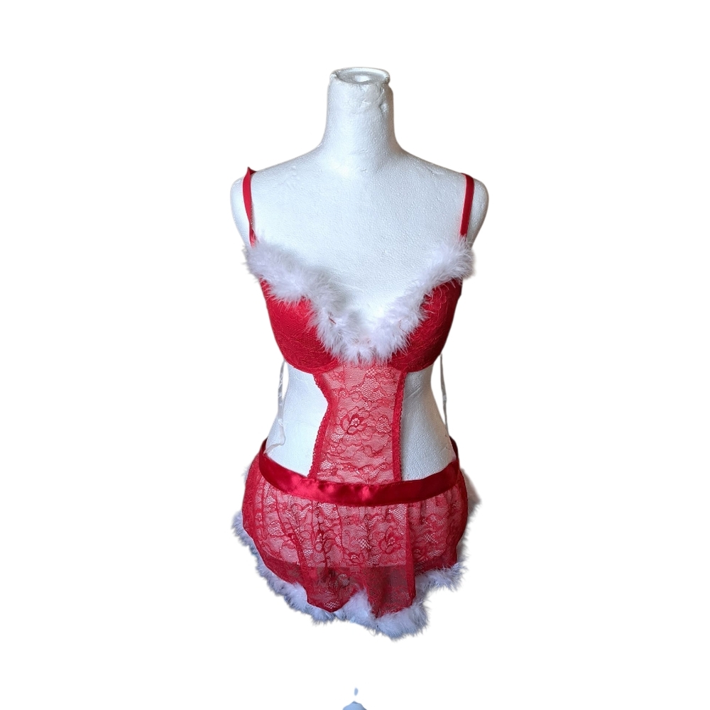 Halloween Costume Mrs. Clause Sanra Sz Sm Lace Lingerie Set with White Trim